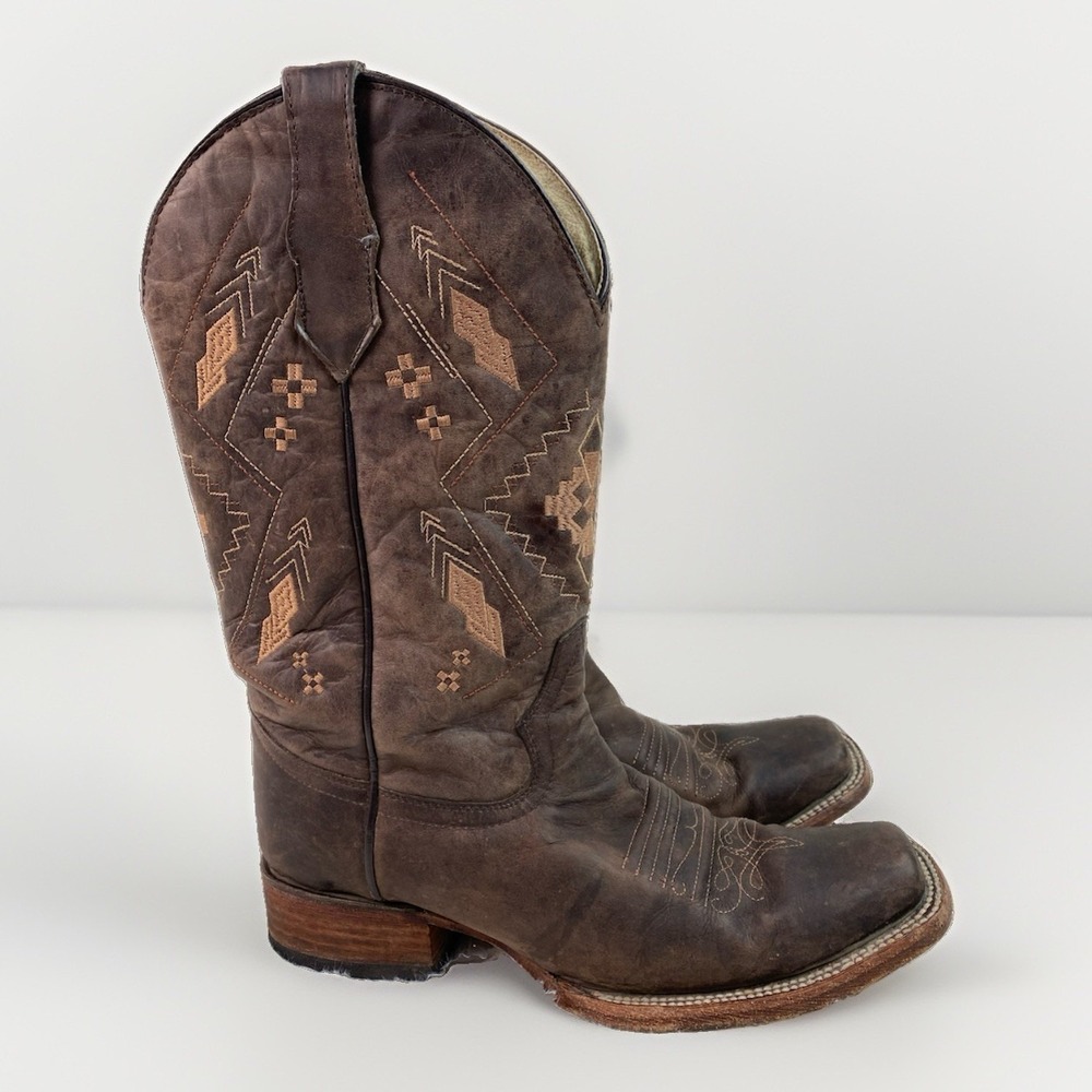 Circle G Women's 9 Brown Leather Square Toe Embroidered Western Cowboy Boots